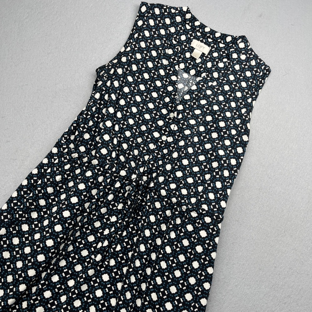 LOFT Ann Taylor Geometric Tile Print Sleeveless V-Neck Dress Small Black Blue